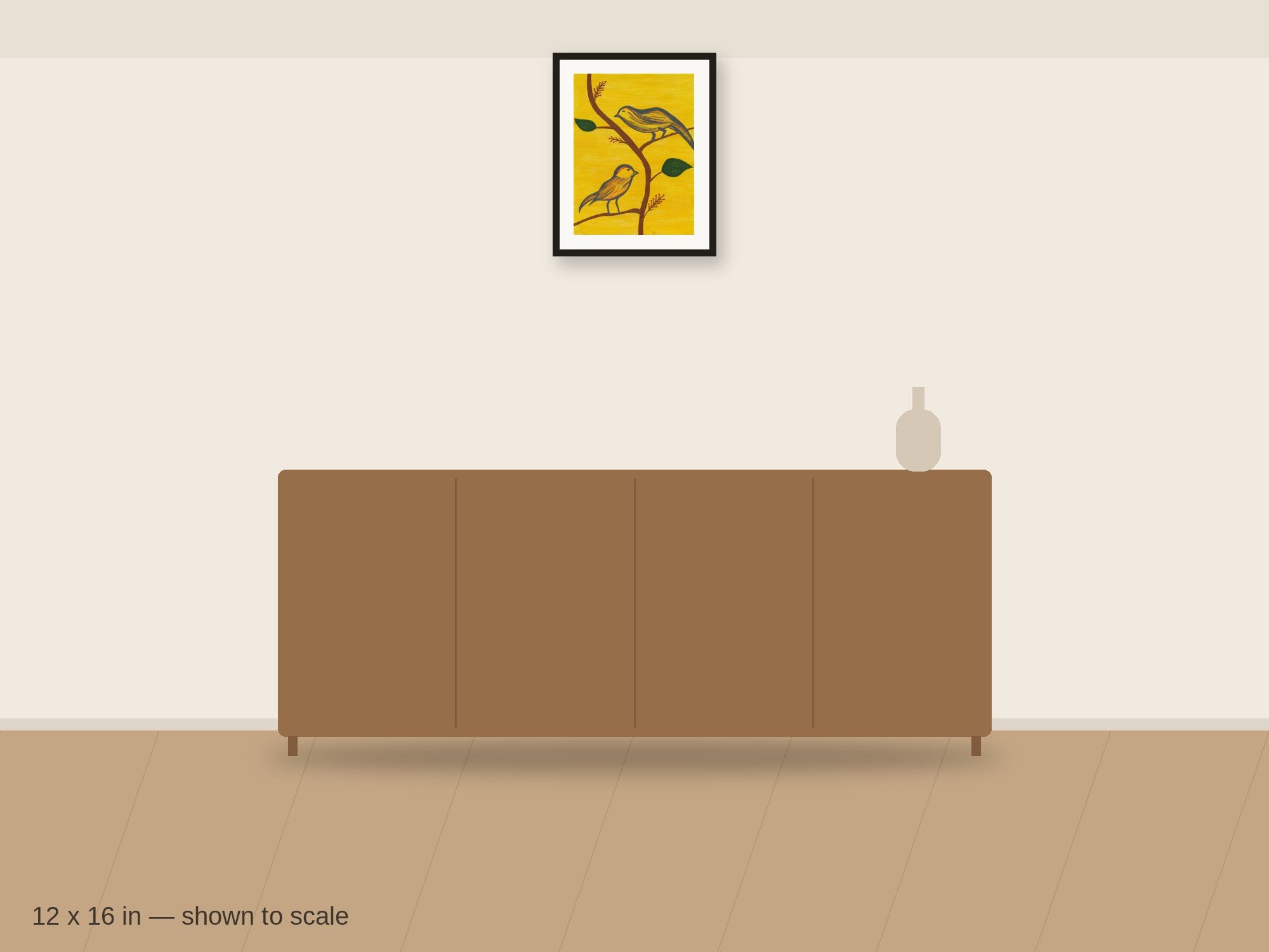 Among the Branches 12 x 16 in shown to scale on a wall