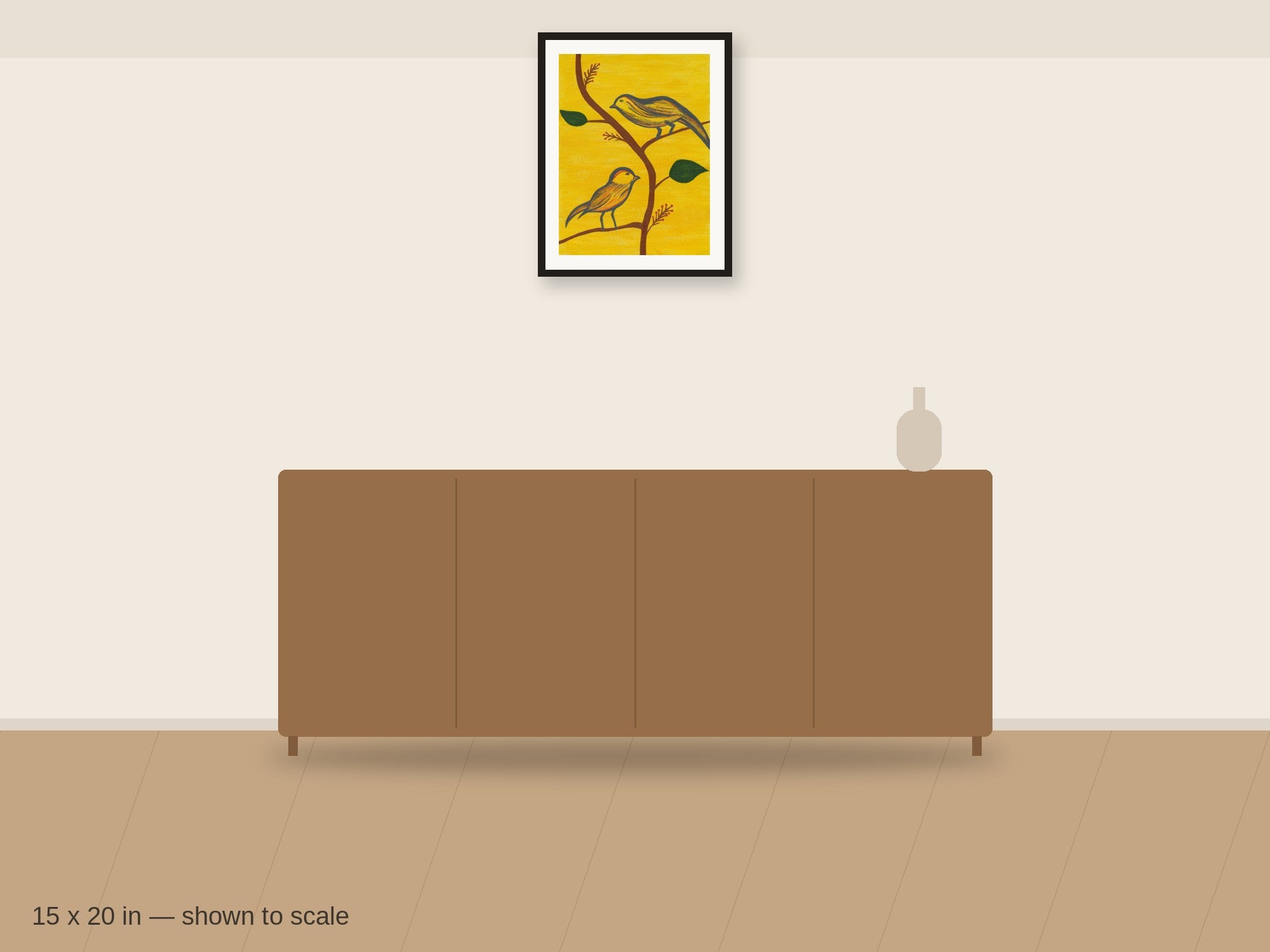 Among the Branches 15 x 20 in shown to scale on a wall