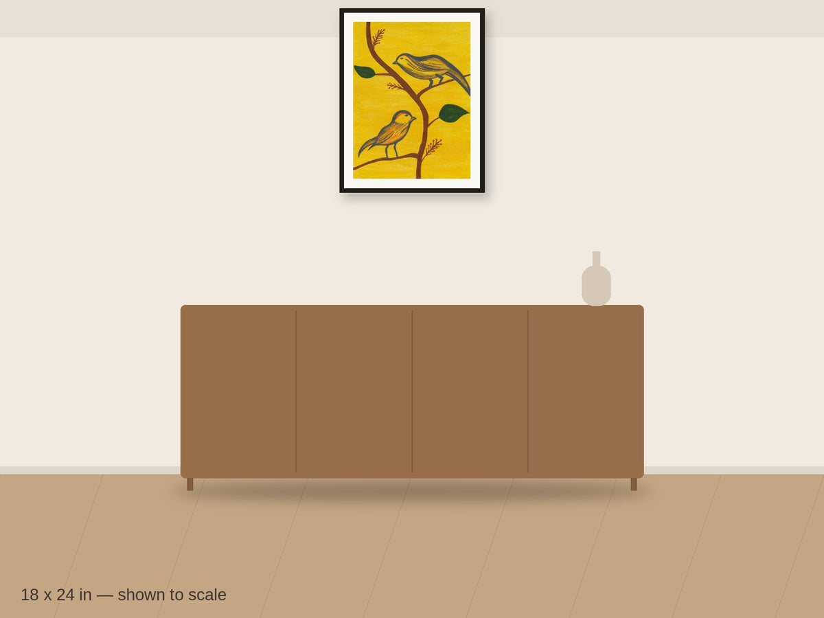 Among the Branches 18 x 24 in shown to scale on a wall