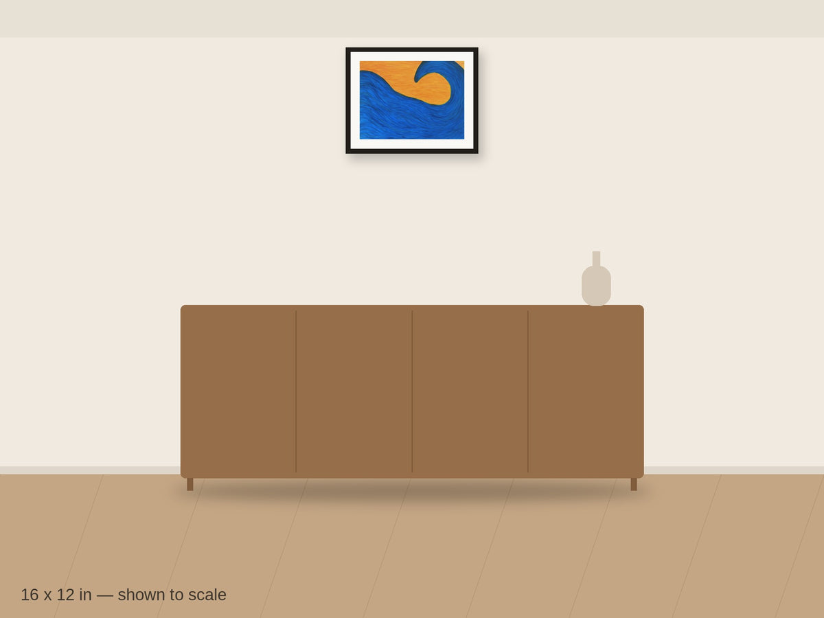 Blue Swell 16 x 12 in shown to scale on a wall