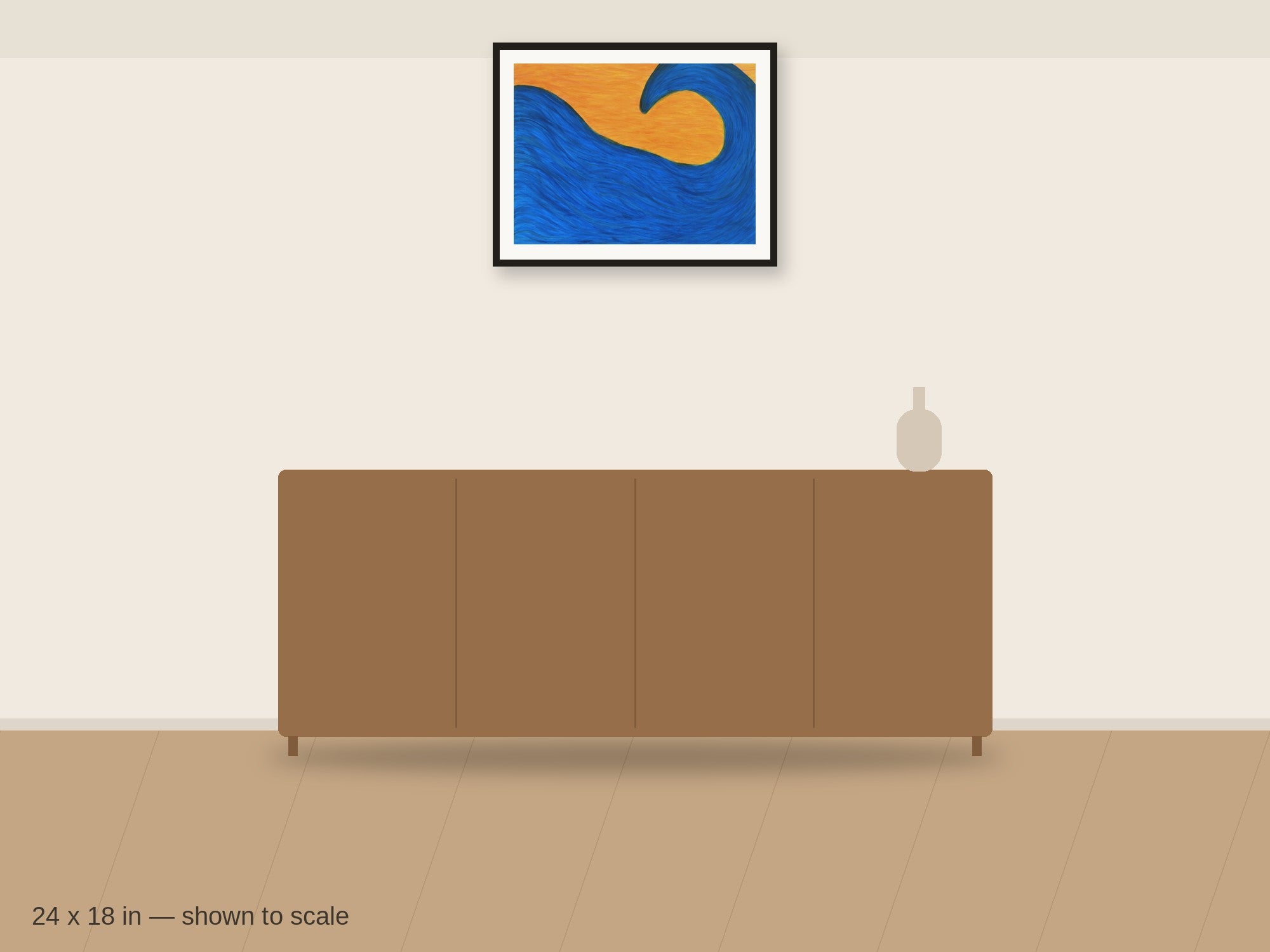 Blue Swell 24 x 18 in shown to scale on a wall