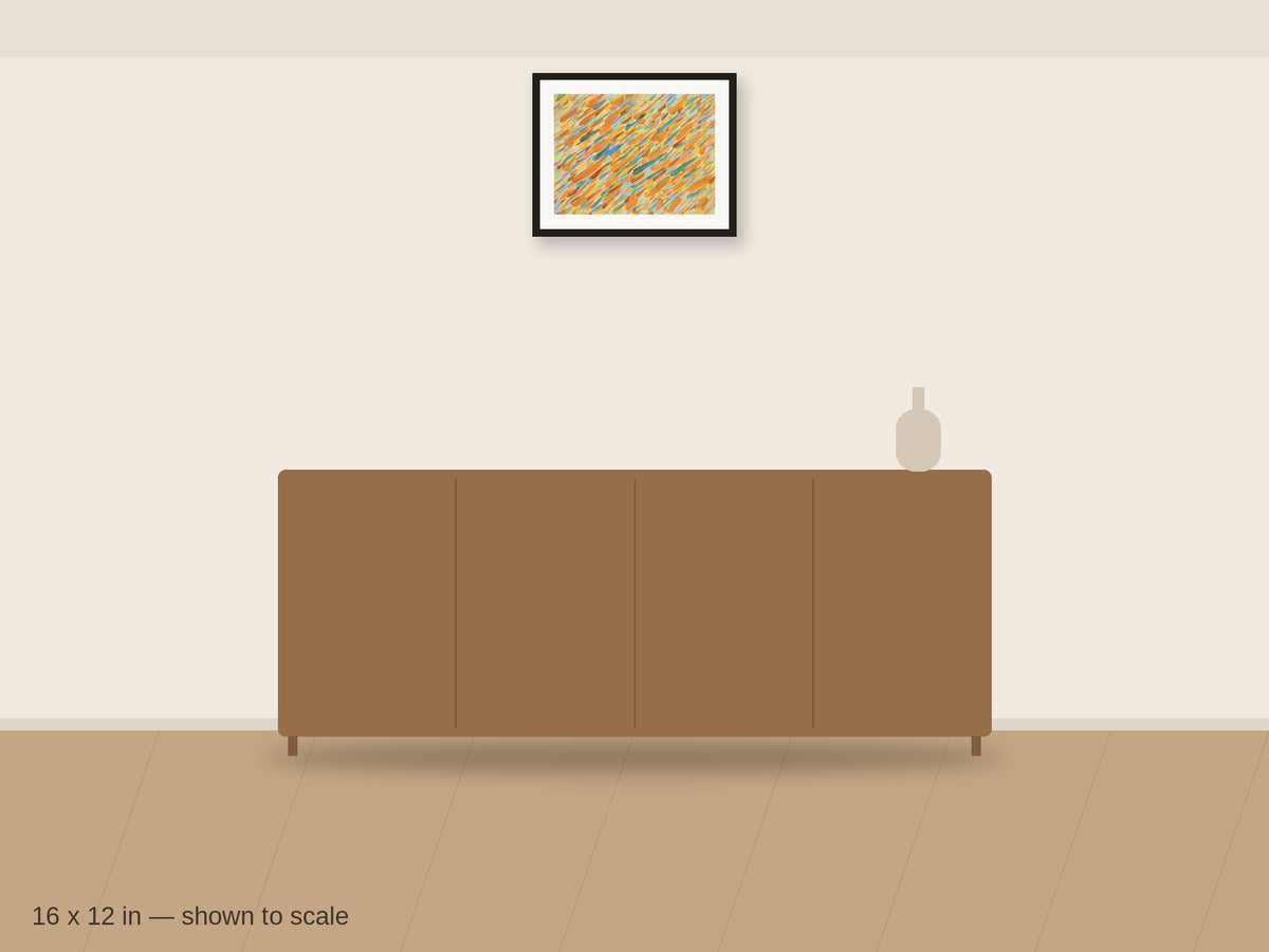 Ember Rain 16 x 12 in shown to scale on a wall