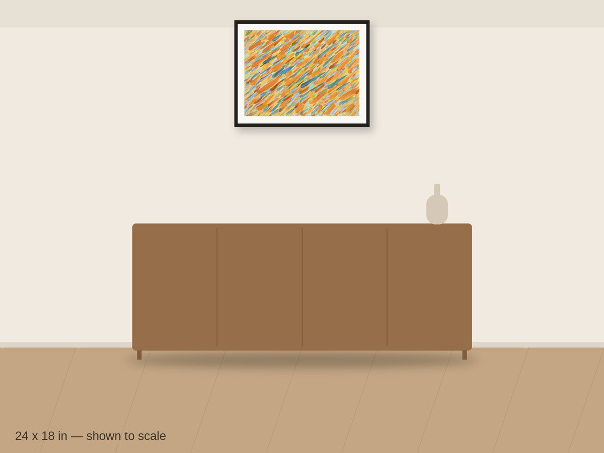 Ember Rain 24 x 18 in shown to scale on a wall