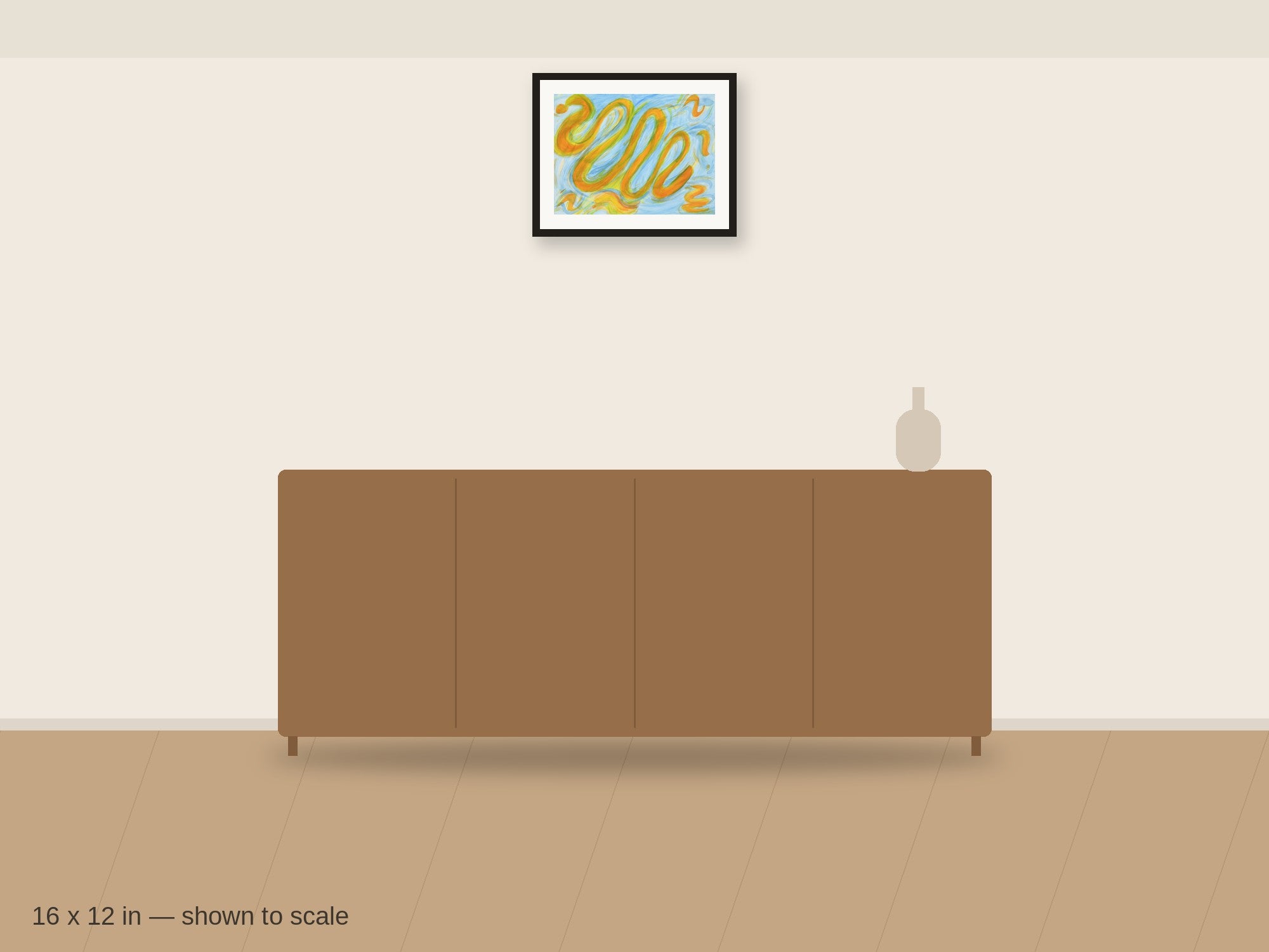 Golden Current 16 x 12 in shown to scale on a wall