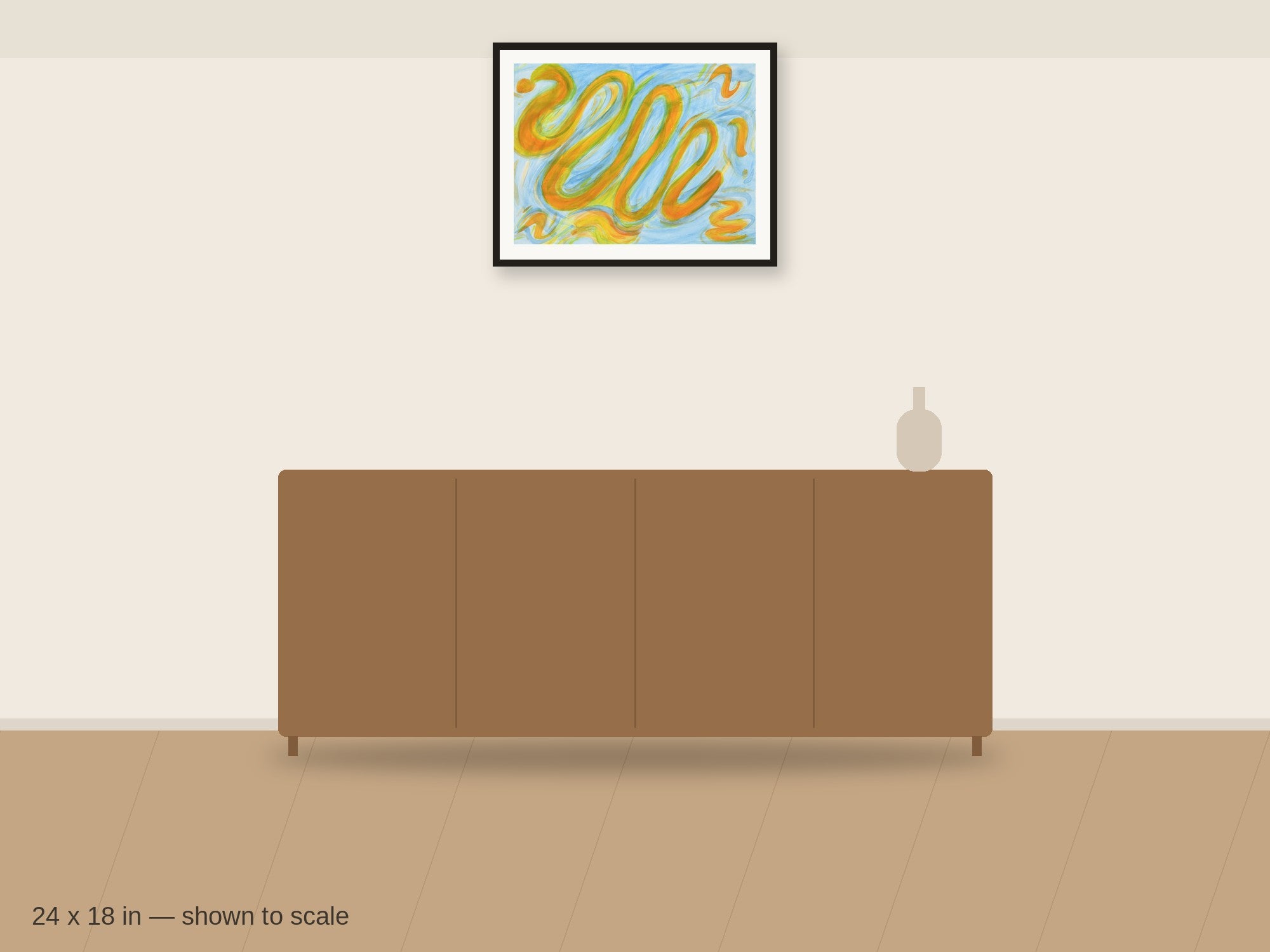 Golden Current 24 x 18 in shown to scale on a wall