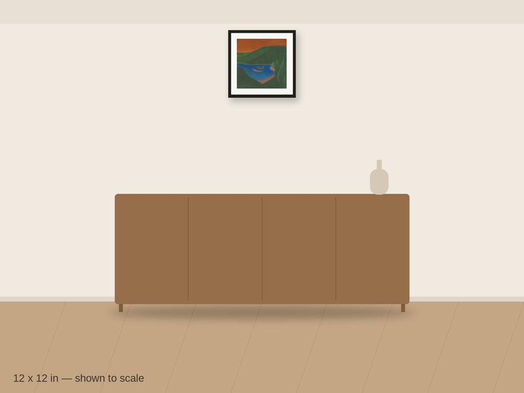 High Desert Lake 12 x 12 in shown to scale on a wall