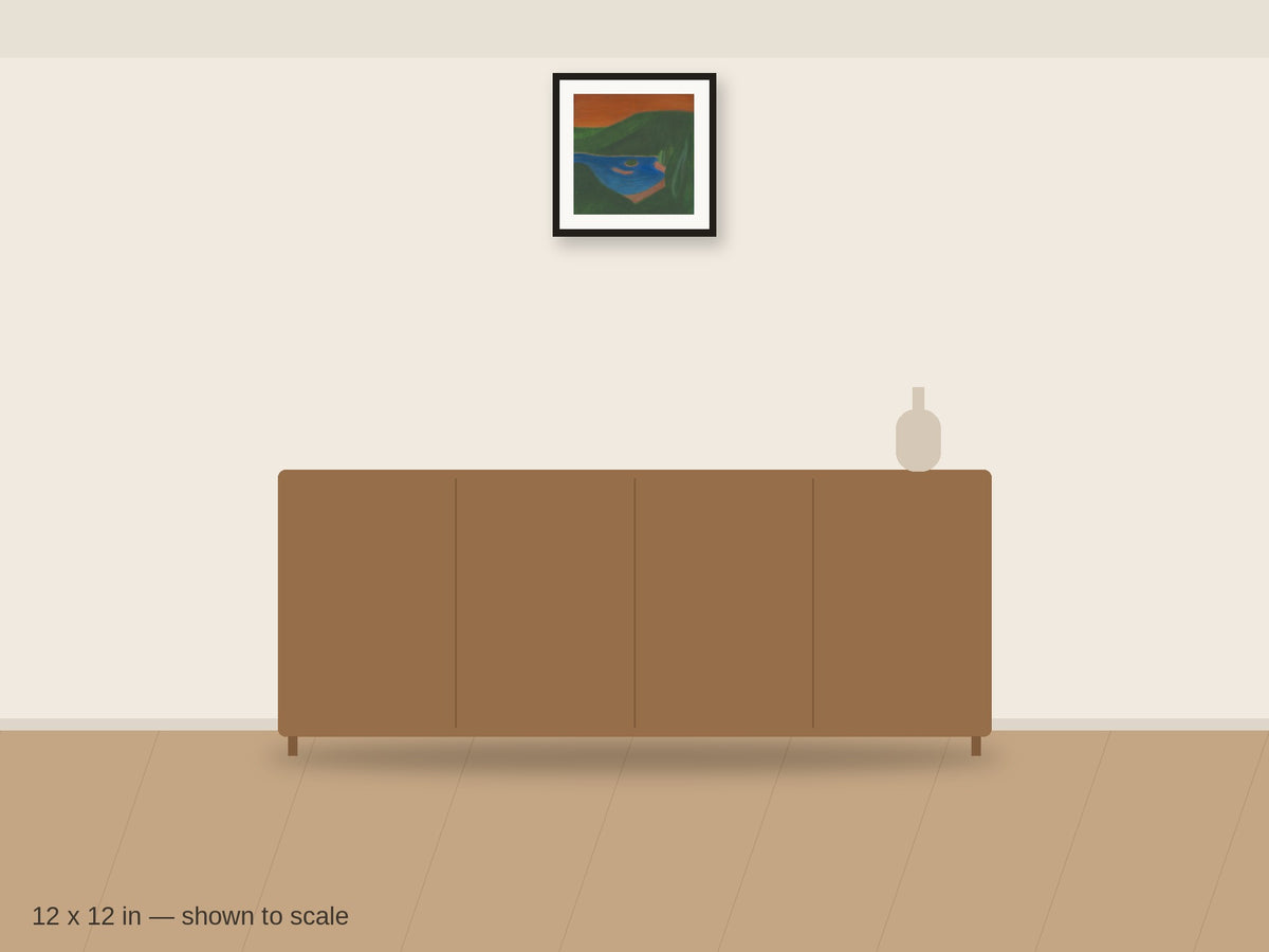 High Desert Lake 12 x 12 in shown to scale on a wall