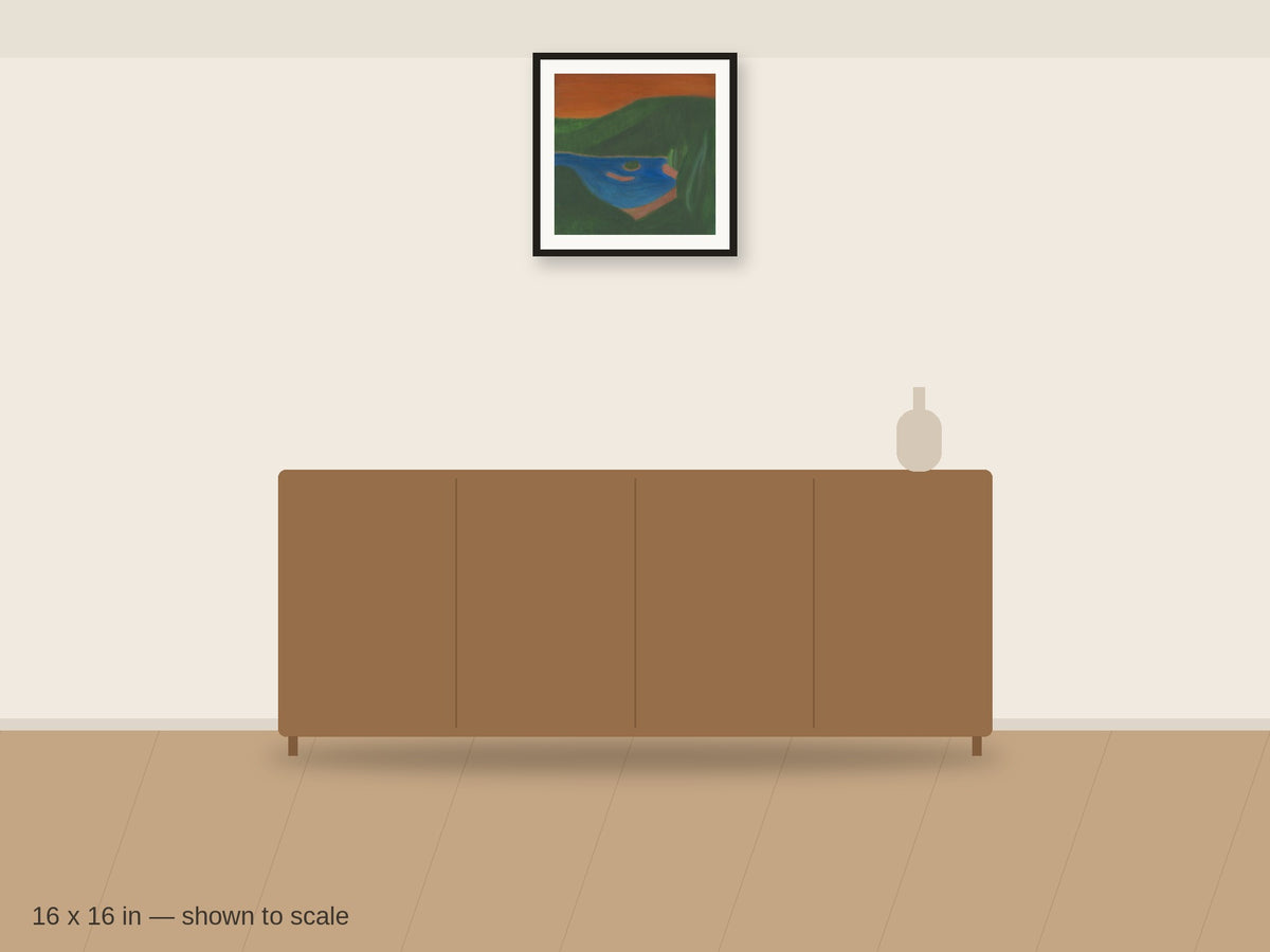 High Desert Lake 16 x 16 in shown to scale on a wall