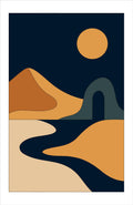 Golden Sun Desert wall art print, navy ochre night landscape