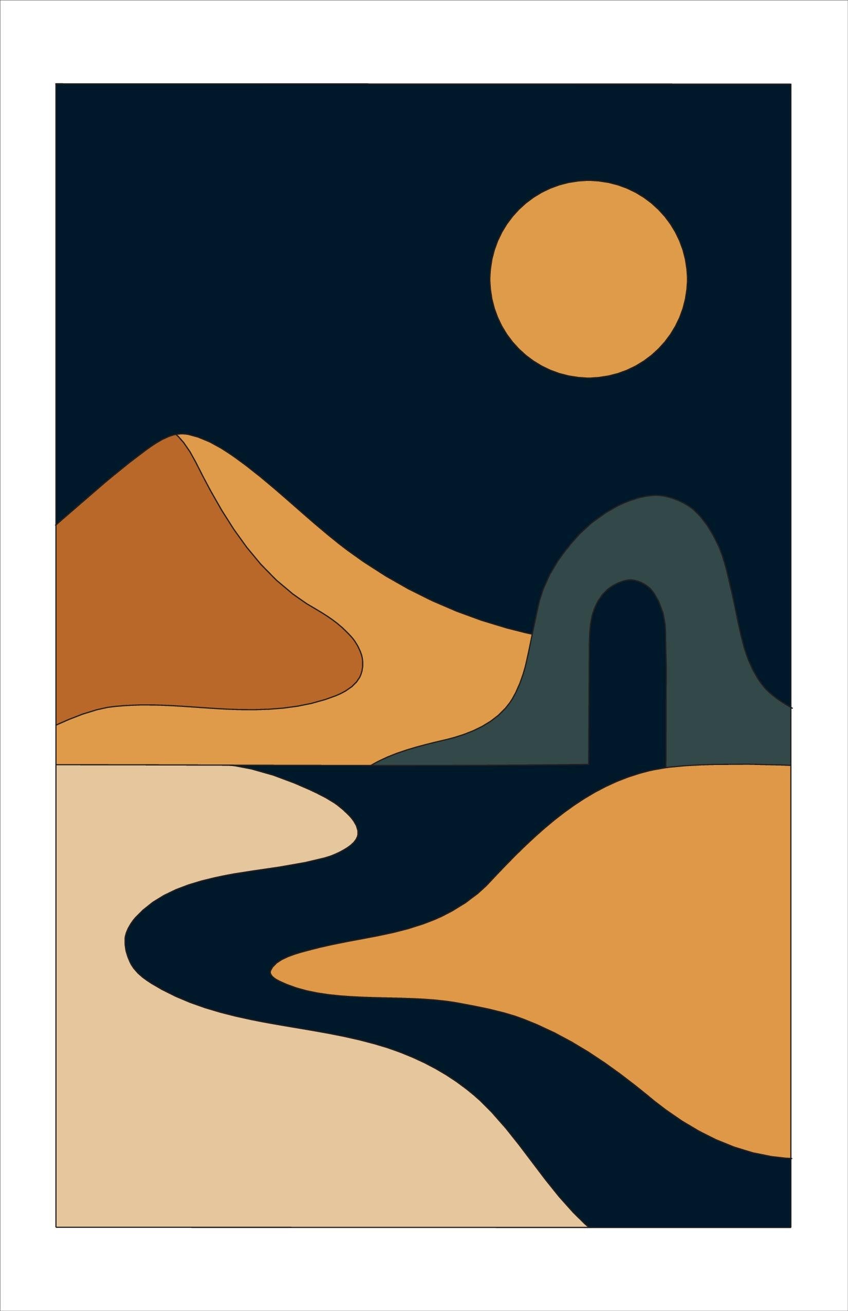 Golden Sun Desert wall art print, navy ochre night landscape