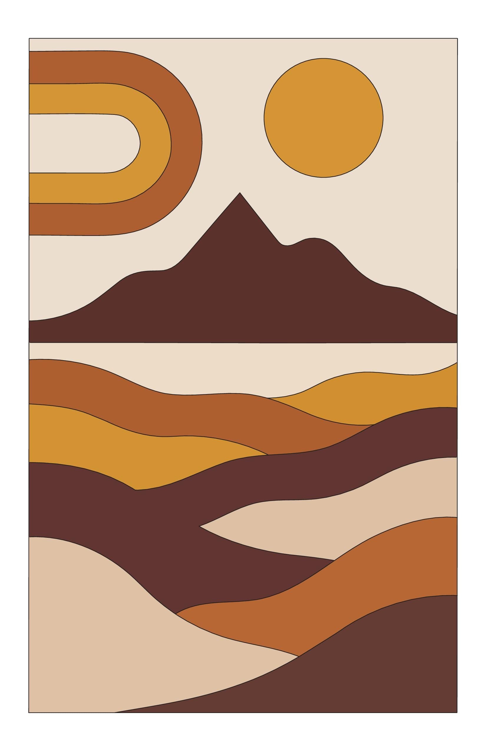 Retro Sun Rainbow wall art print, amber rust mountain landscape