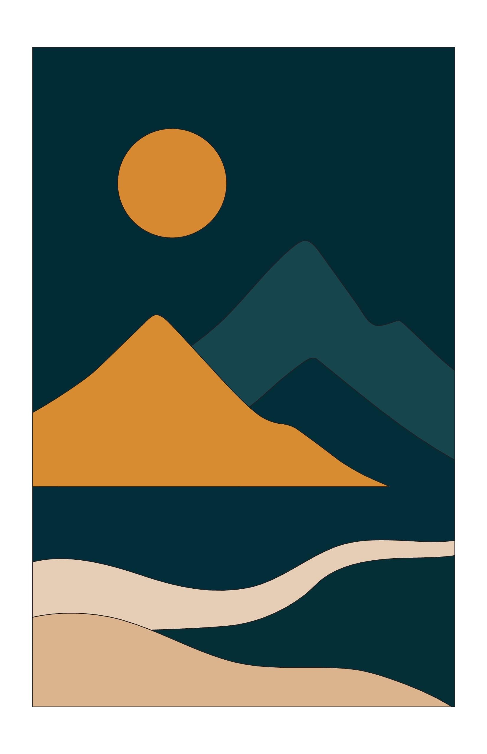 Orange Sun Mountain wall art print, teal navy night landscape