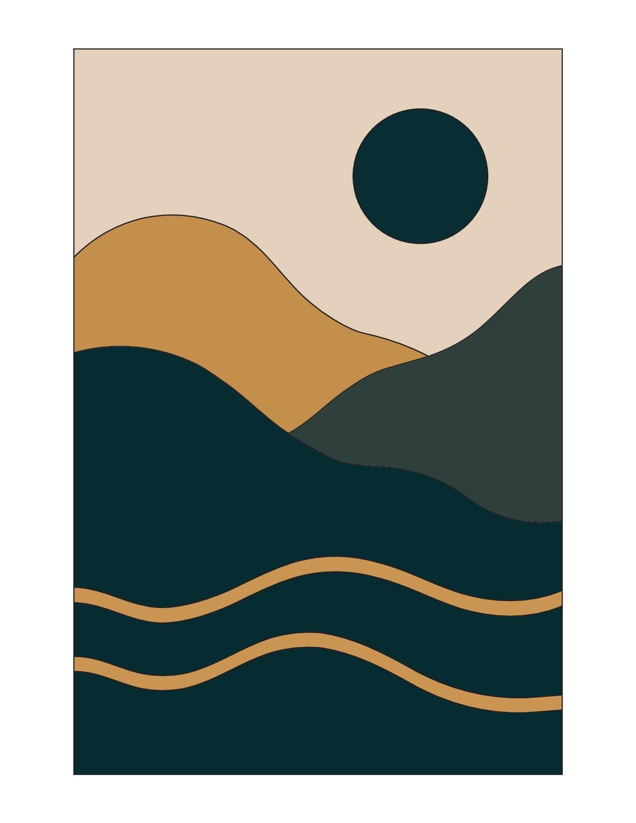Eclipse wall art print, dark teal ochre abstract landscape