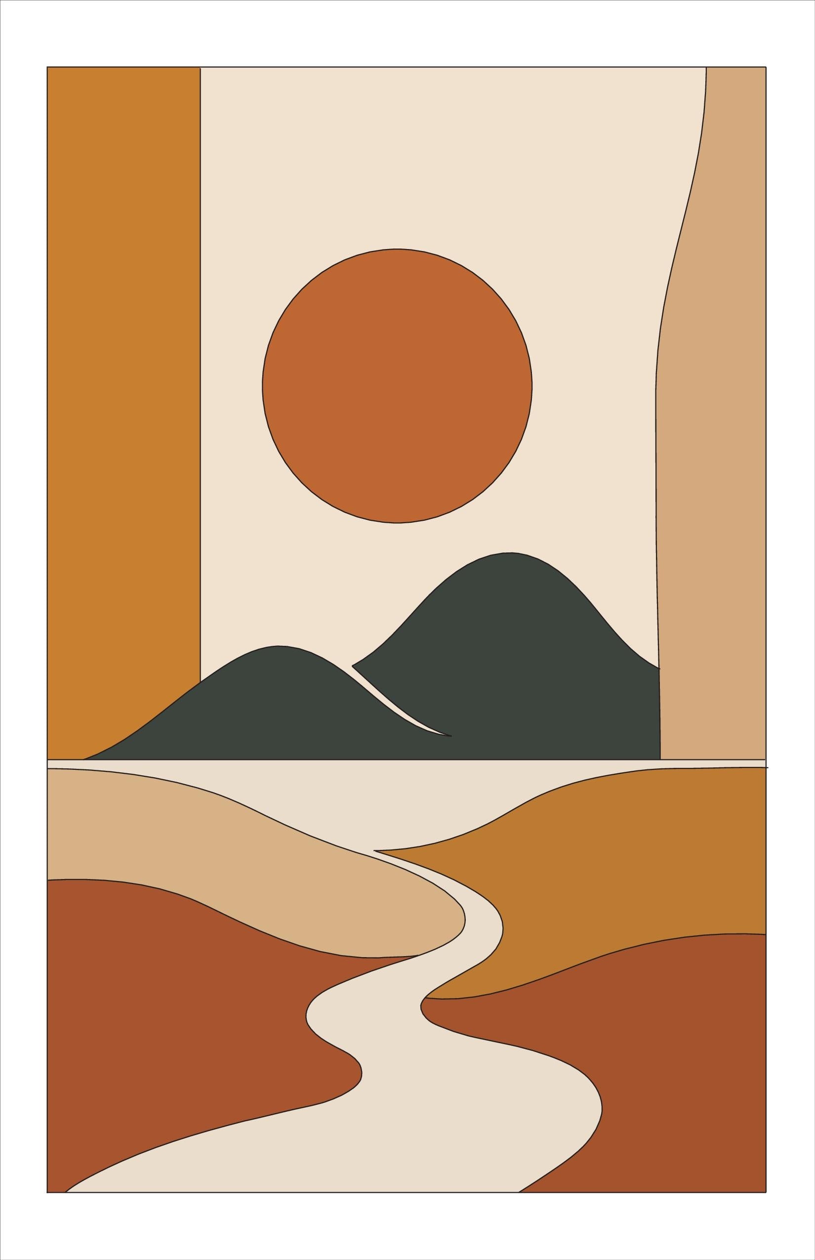 Terracotta Sun River wall art print, burnt orange landscape