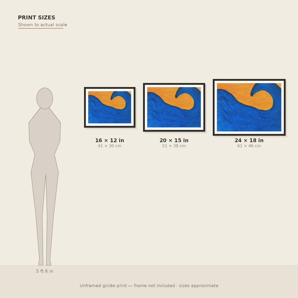 Blue Swell print size guide — three sizes to scale