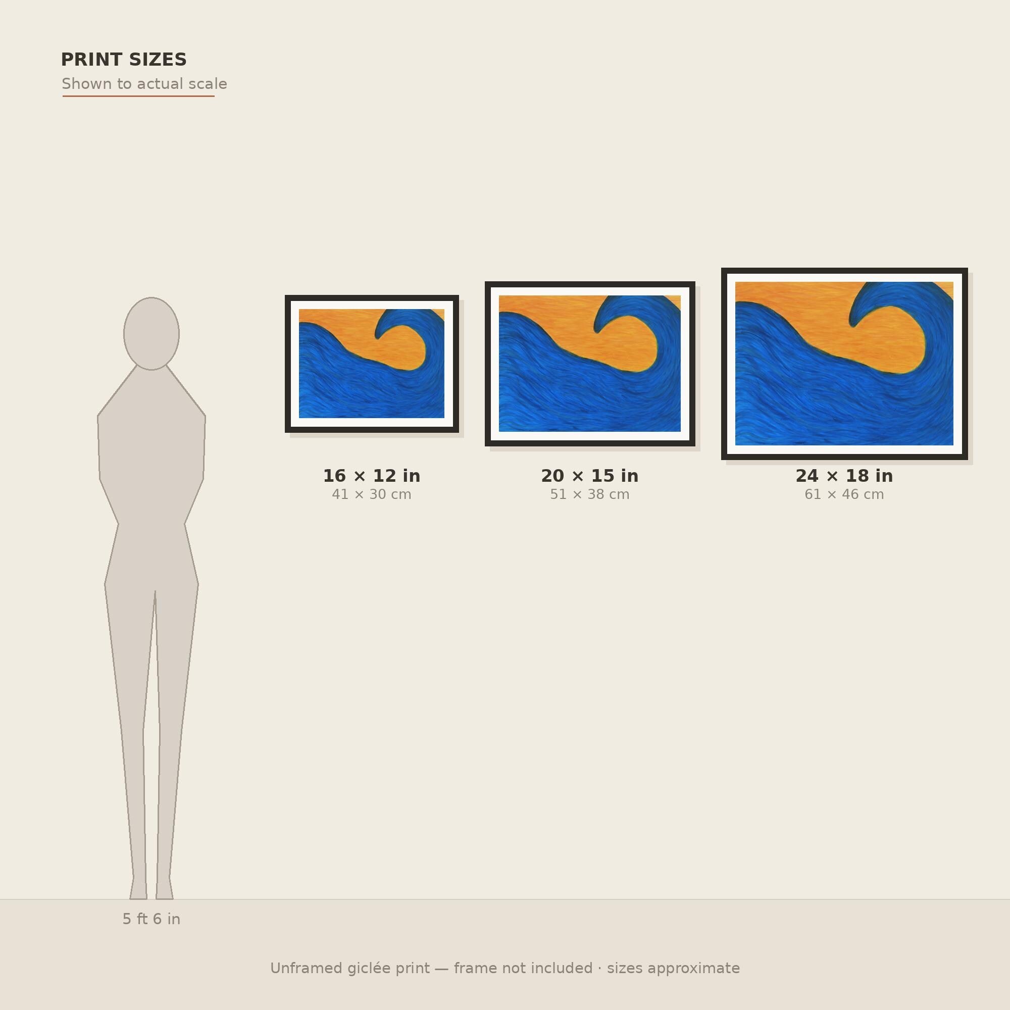 Blue Swell print size guide — three sizes to scale