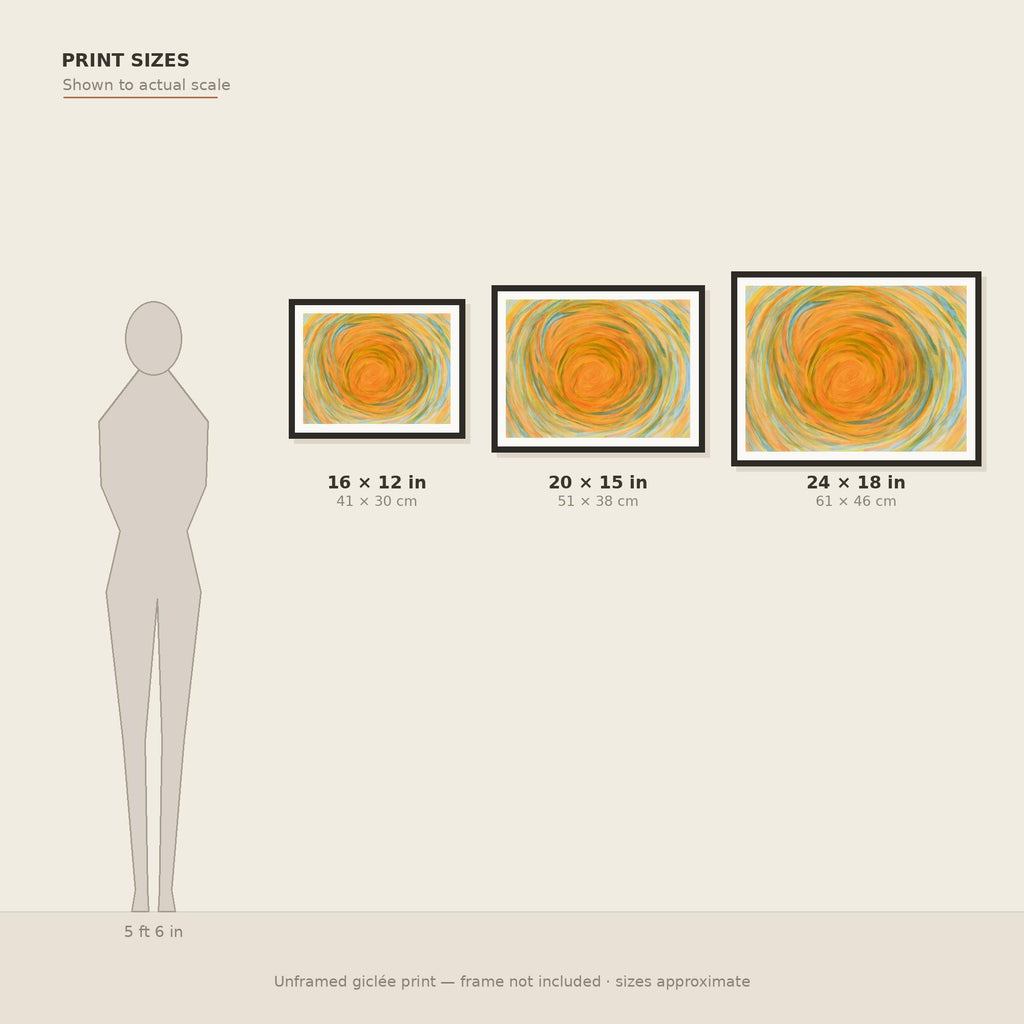 Sun Spiral print size guide — three sizes to scale