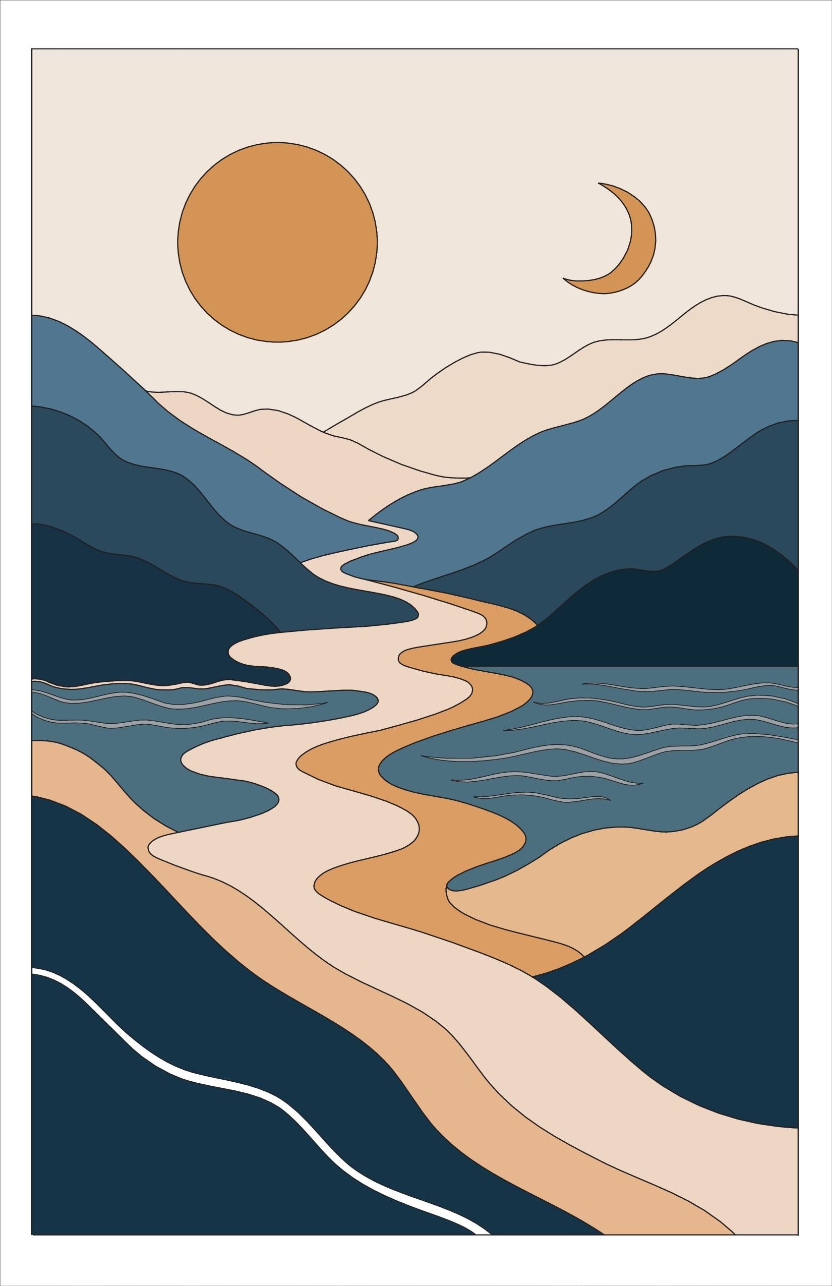 Sun and Moon wall art print, navy celestial