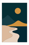 Winding Path Night wall art print, teal gold mountain coast
