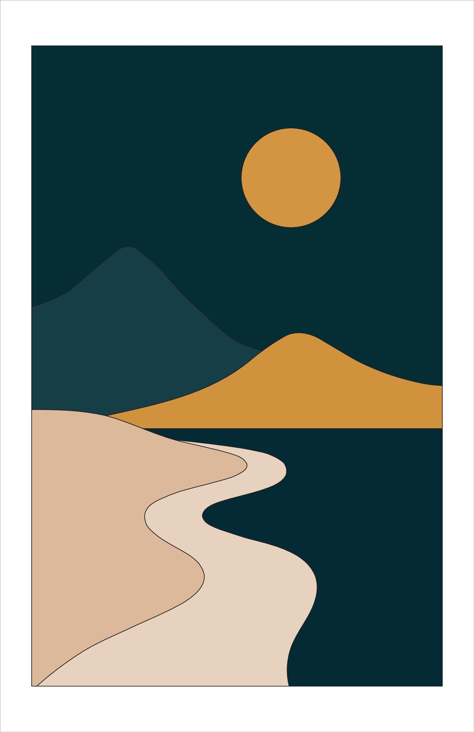 Winding Path Night wall art print, teal gold mountain coast