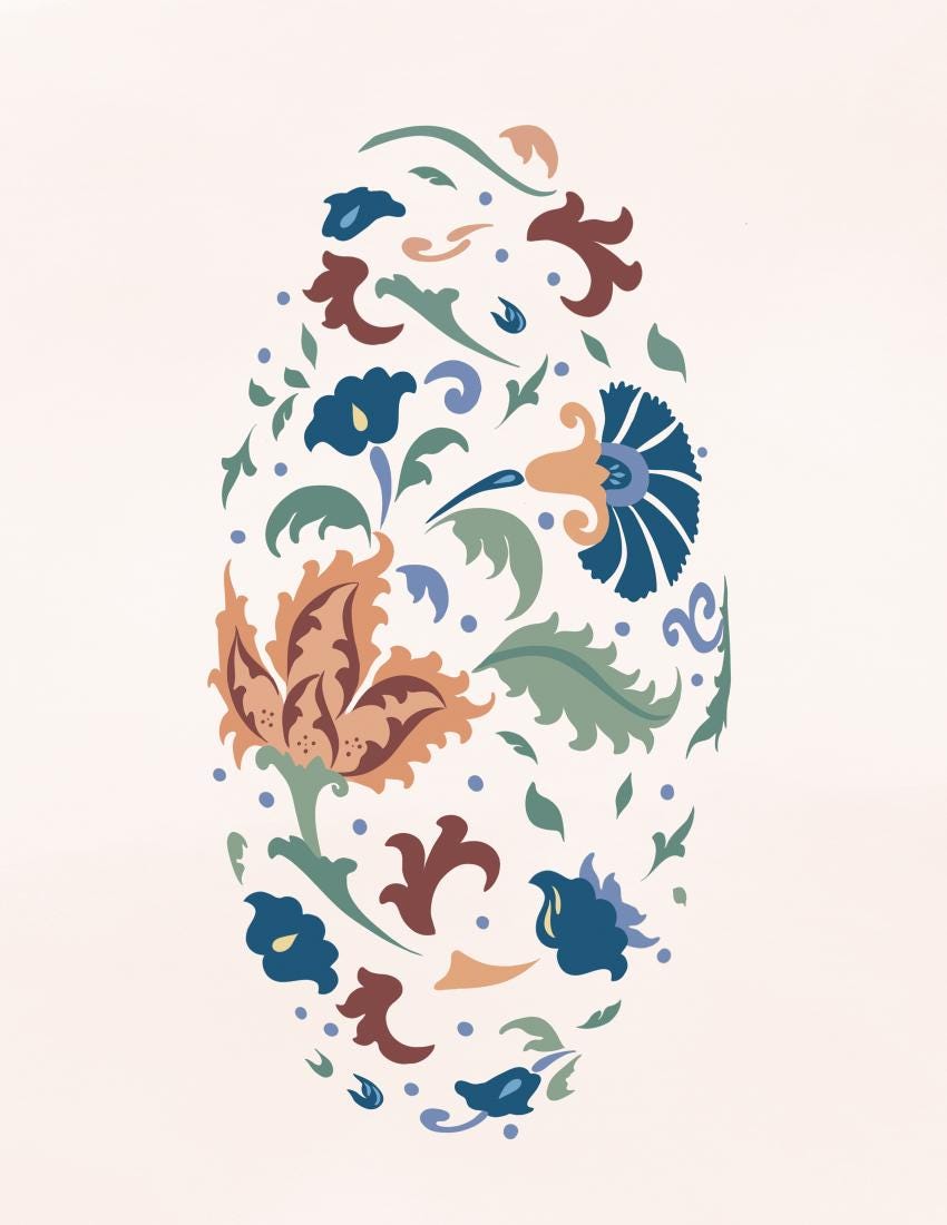 Folk Floral wall art print, blue sage terracotta botanical