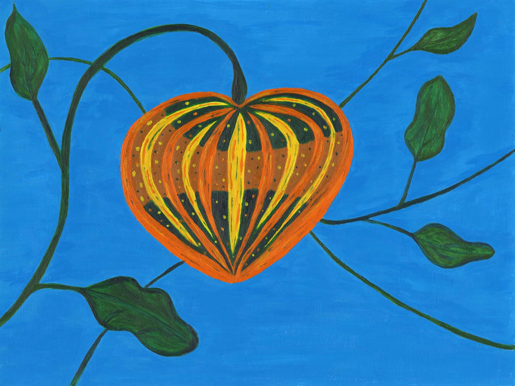 Pumpkin in Blue — original acrylic painting of an orange pod on blue