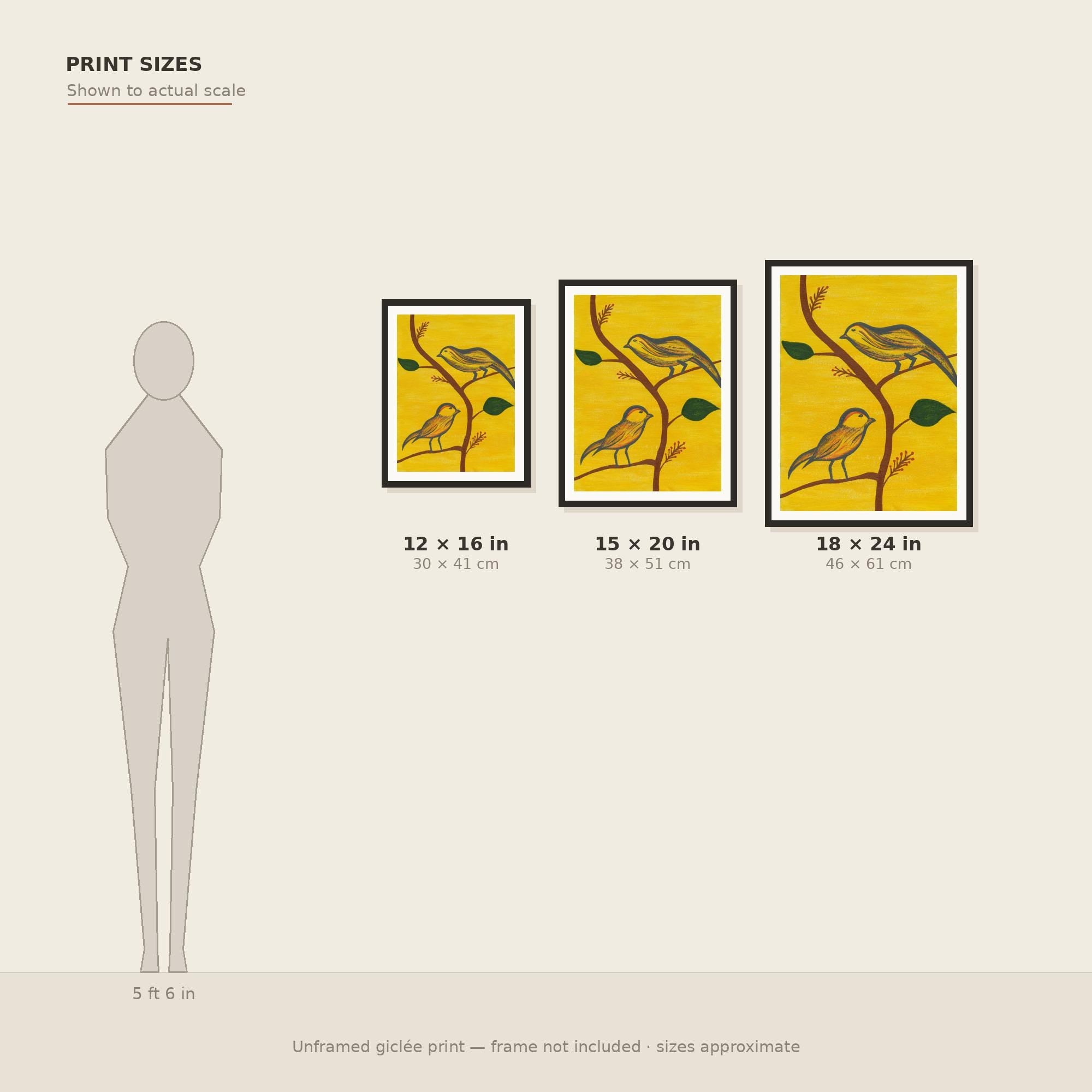 Among the Branches print size guide — three sizes to scale