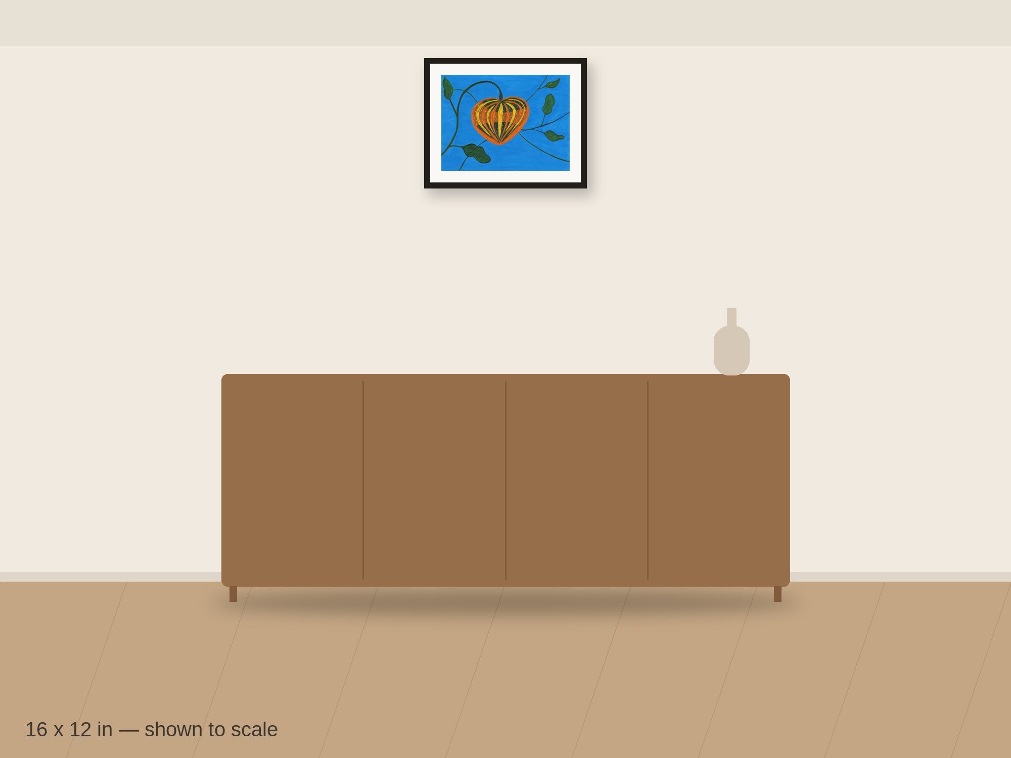 Pumpkin in Blue 16 x 12 in shown to scale on a wall