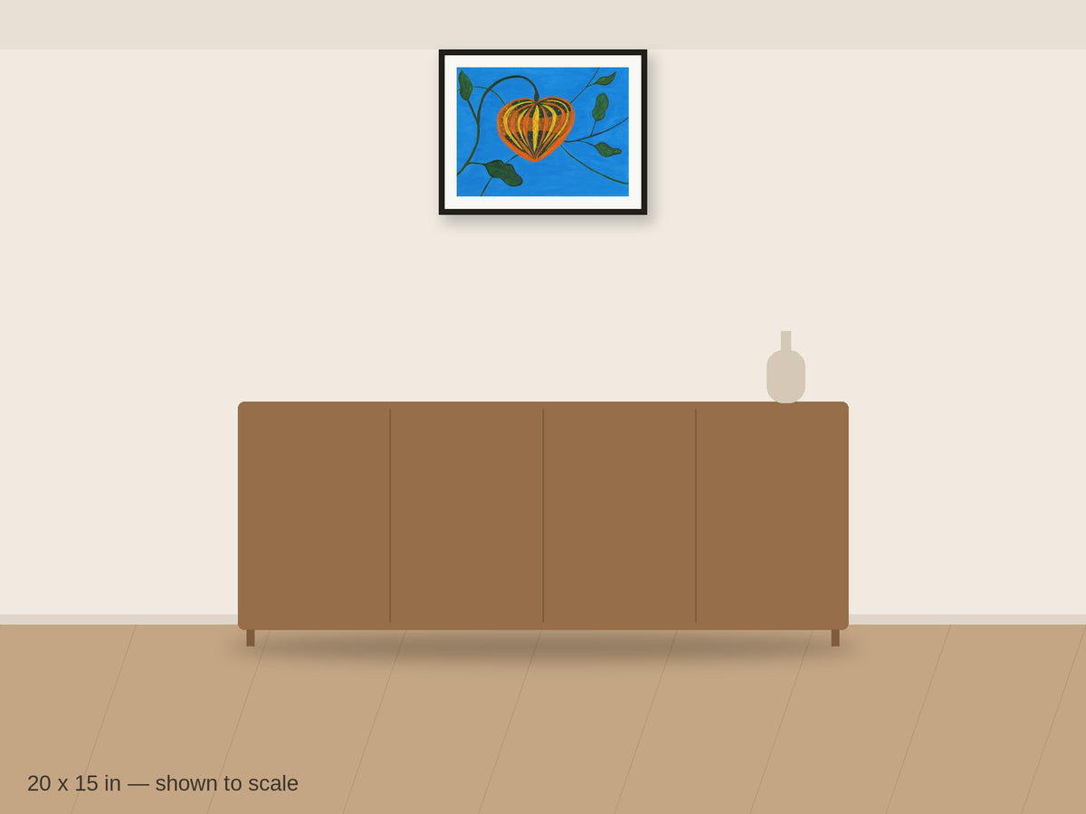 Pumpkin in Blue 20 x 15 in shown to scale on a wall