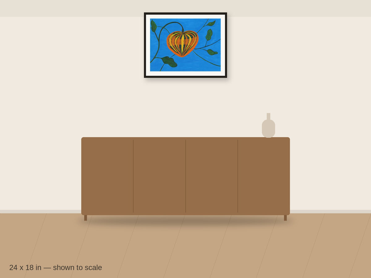 Pumpkin in Blue 24 x 18 in shown to scale on a wall