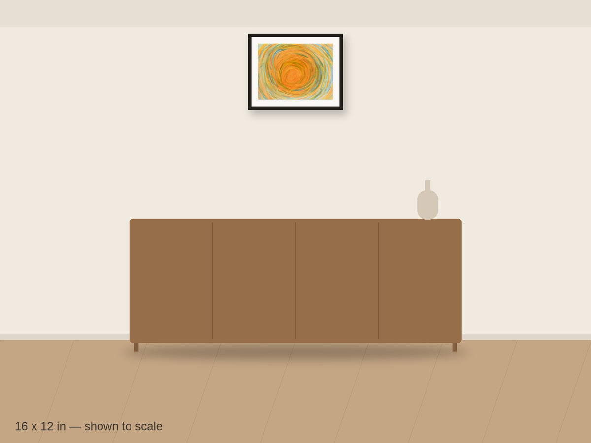Sun Spiral 16 x 12 in shown to scale on a wall