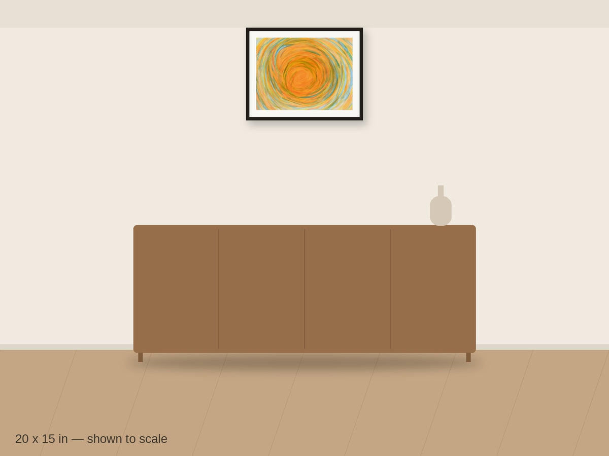 Sun Spiral 20 x 15 in shown to scale on a wall