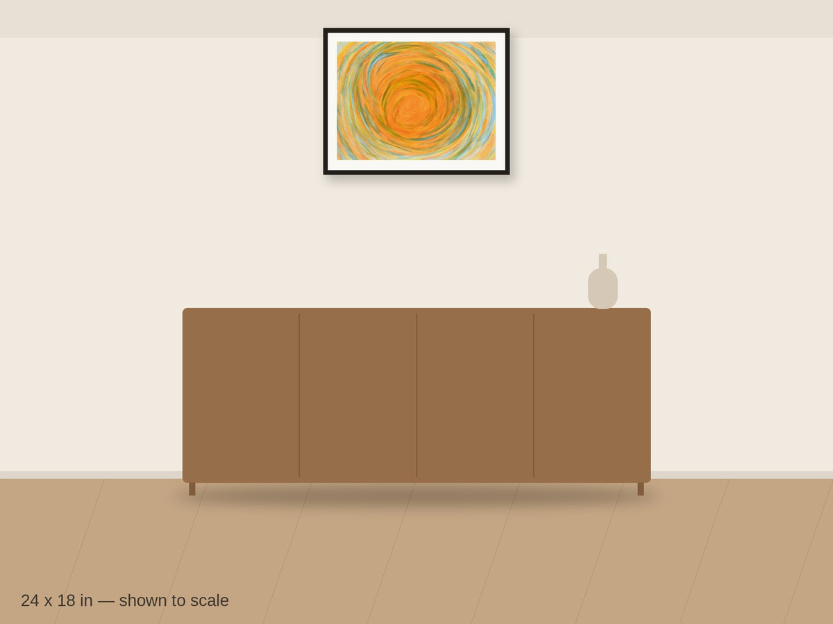 Sun Spiral 24 x 18 in shown to scale on a wall